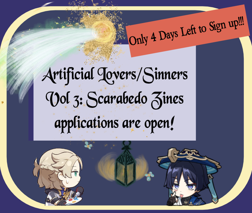 ☂️🌻Only 4 days left to sign up for the scarabedo zines. (SFW &amp; the side NSFW zine) Fill out the link below if you want to apply!!!
💕Form link: forms.gle/zx13hQeTFxwrLC…