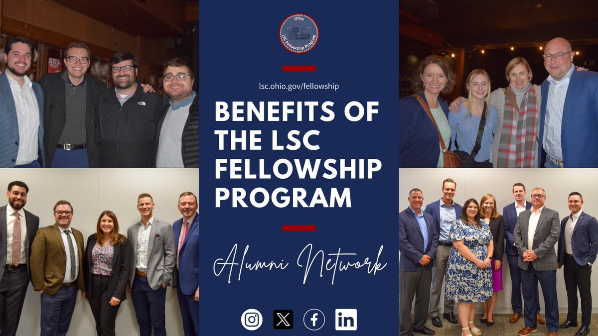 OLSCFellowship's tweet photo. Have you ever wondered what the benefits of the LSC Fellowship Program are? To name a few: orientation, seminars, the alumni network, and lasting relationships! Did we miss anything?
#lscfellowship #publicservice #stategovernment #ohio #legislativefellowship #mediaproduction https://t.co/UKy6JlV5Jp
