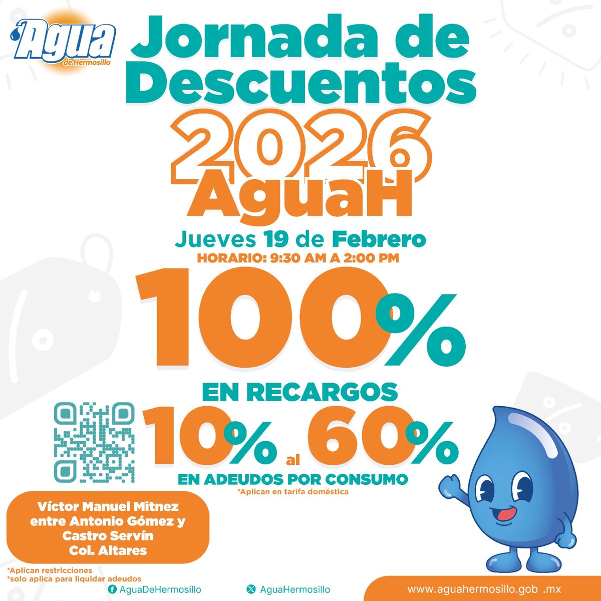 📢 ¡ATENCIÓN COLONIA ALTARES! MAÑANA LLEGAN LOS DESCUENTOS A TU SECTOR
¡Aprovecha para ponerte al día! Este jueves 19 de febrero, la Jornada de Descuentos de Tesorería Municipal y Agua de Hermosillo llega directamente a tu colonia para apoyar tu economía familiar. 🏠💸

📍