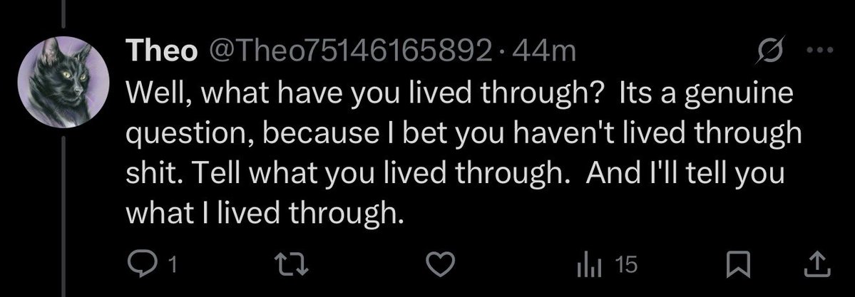 SoveyX's tweet image. You’re asking what I’ve lived through?

Cute.

I grew up in Korea, which you call “South Korea” because you’ve never left your mom’s basement in Cleveland, but should’ve learned by the fifth grade. 

It is a country with a hostile regime 30 miles north that can hit my hometown