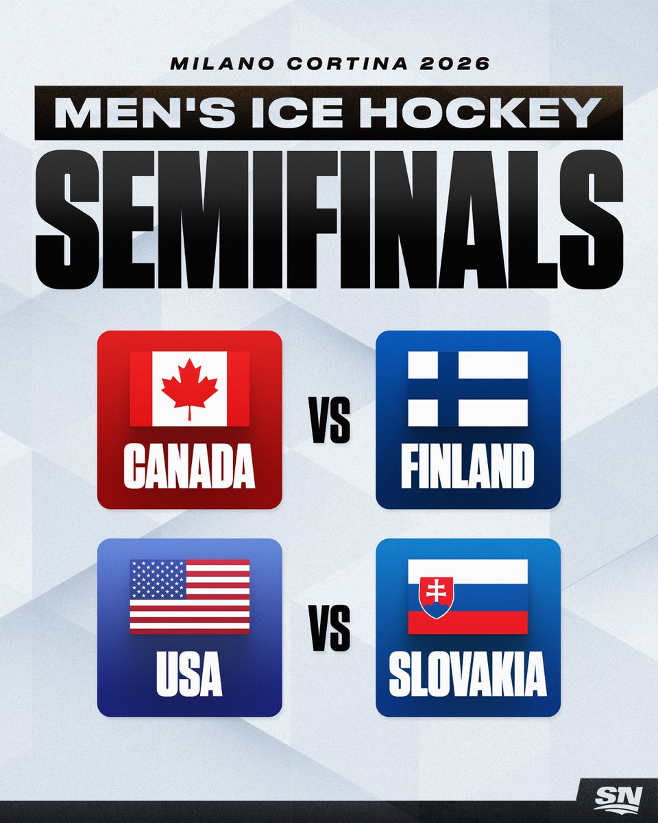 THE MEN'S SEMIFINAL MATCHUPS ARE SET 🍿 #MilanoCortina2026

CANADA 🇨🇦 VS. FINLAND 🇫🇮
USA 🇺🇸 VS. SLOVAKIA 🇸🇰