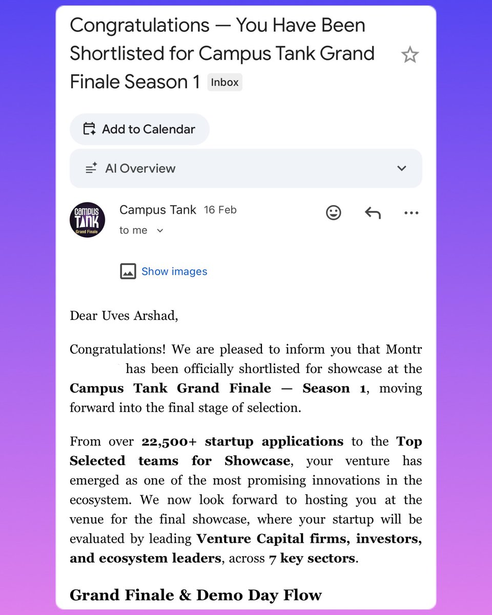 We made it to the Grand Finale.

<a href="/montr_ai/">Montr</a> is officially shortlisted for Campus Tank Grand Finale Season 1.

From thousands of applications
To the final showcase stage
- Evaluated by top VCs
- In front of ecosystem leaders
- Competing with the best teams in the country