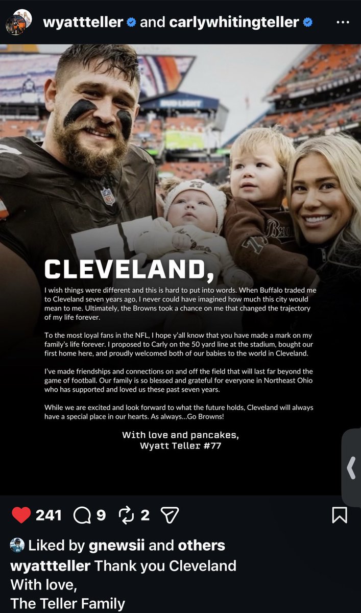 Wyatt Teller and his wife <a href="/carlyteller/">Carly Teller</a> just posted their goodbye to Cleveland and the Browns organization on Instagram 

Thank you for everything! 🧡 🫡 #DawgPound