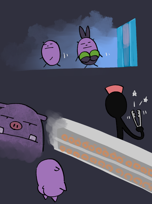 どーなつくださいなー
「営業してるのかしら？　でも鍵は開いてるのよね」
だれか　いません　かー

あっ
てんいんさん　らしき　なにか　が
とんぐ　を　かちかち　させてる

あれ　は　いかく　だ！

#かば冒