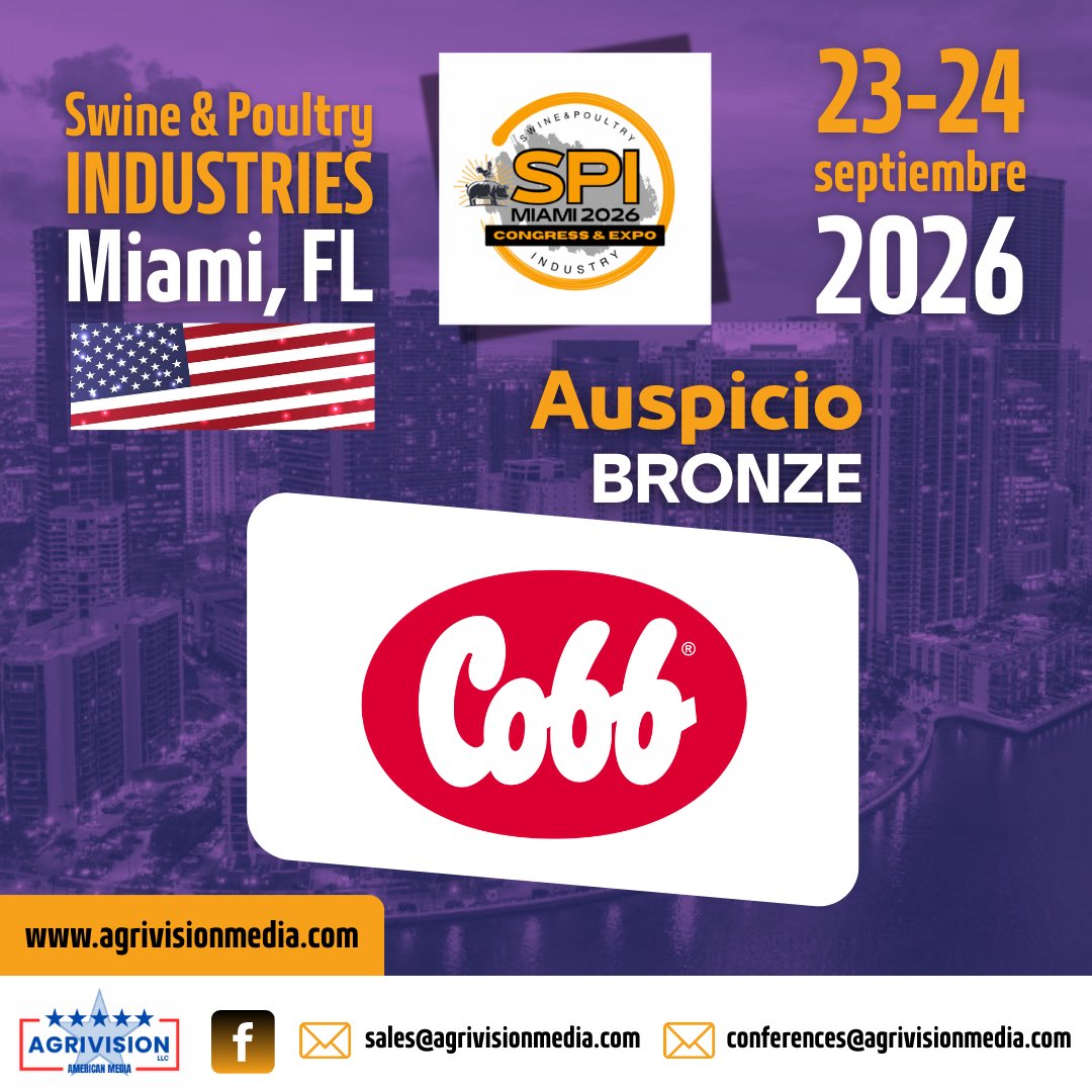 🎉 SPI Miami 2026 🇺🇸 da la bienvenida a Cobb, que se suma como Auspiciante Bronce.

📅 23–24 de septiembre de 2026
📍 Miami, Florida – EE. UU.

📩 Contacto comercial: sales@agrivisionmedia.com
agrivisionmedia.com

#SPIMiami2026 #SPI2026 #Avicultura #Congress #AgriVision #Cobb