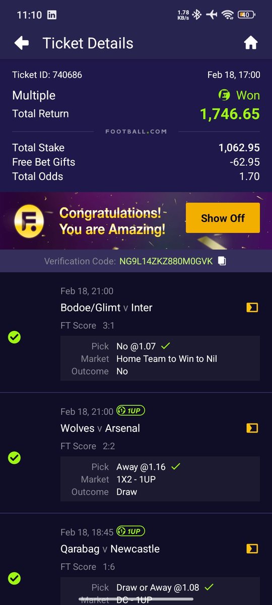 Day 1 <a href="/bayobets/">Bayobets</a> 

Omo, I hope it goes well

The N62.95 was a bonus given to me, that's why the win amount is N62.95 short

Let's try the challenge out #Bayobets