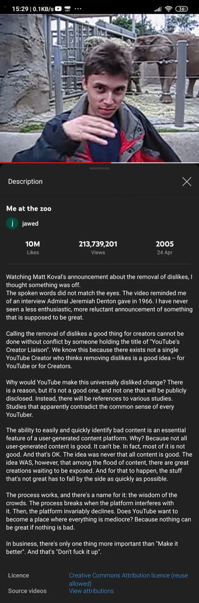 thatbluedemon's tweet photo. @Dexerto Fun fact, whenever YouTube does some type of change that’s deemed as harmful to the site by the public, Jawed comes back to this video and puts in his two cents on the situation in the description https://t.co/10MCsfY5K9
