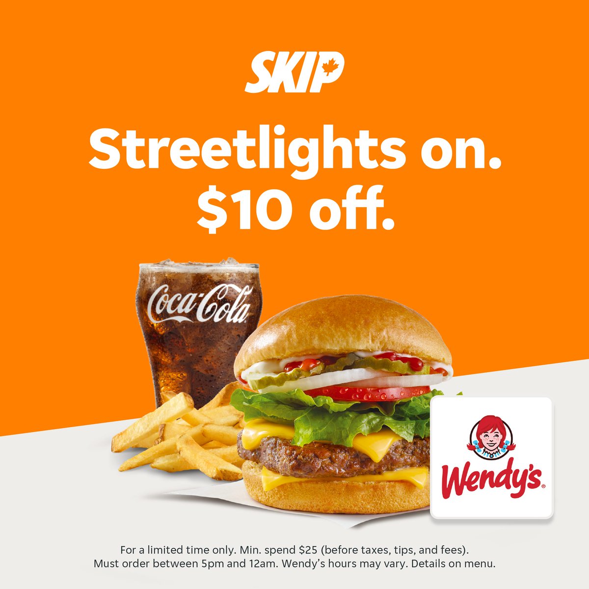 get $10 off $25+ orders from @WendysCanada between 5pm and 12am 