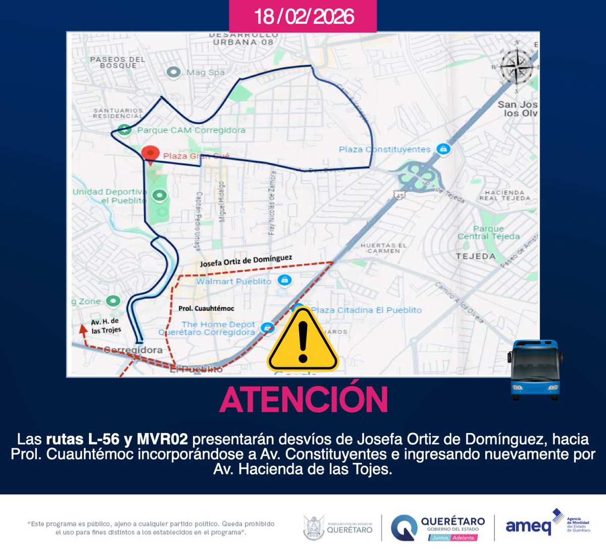 AMEQueretaro's tweet photo. Atención usuarios ⚠️

Este domingo 22 de febrero, de 6:30 a.m. a 11:00 a.m., habrá desvíos en las rutas C23, C21, C22, L101, L56, MVR02 y MVR03, debido a la 7ª edición de la carrera Selider Pasos por Querétaro.

Te recomendamos tomar precauciones y anticipar tus traslados. https://t.co/qjL1sP8yqU