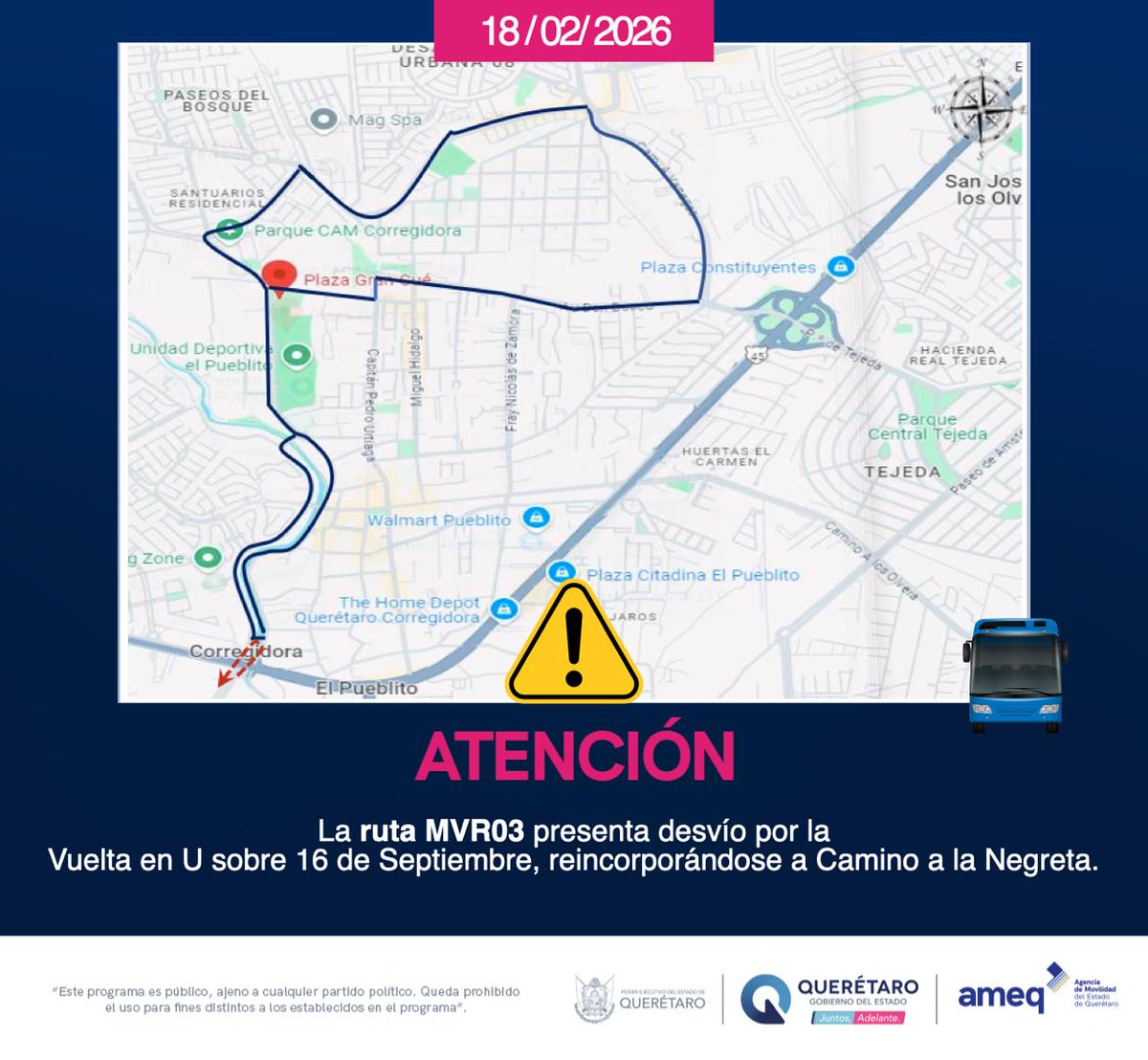 AMEQueretaro's tweet photo. Atención usuarios ⚠️

Este domingo 22 de febrero, de 6:30 a.m. a 11:00 a.m., habrá desvíos en las rutas C23, C21, C22, L101, L56, MVR02 y MVR03, debido a la 7ª edición de la carrera Selider Pasos por Querétaro.

Te recomendamos tomar precauciones y anticipar tus traslados. https://t.co/qjL1sP8yqU