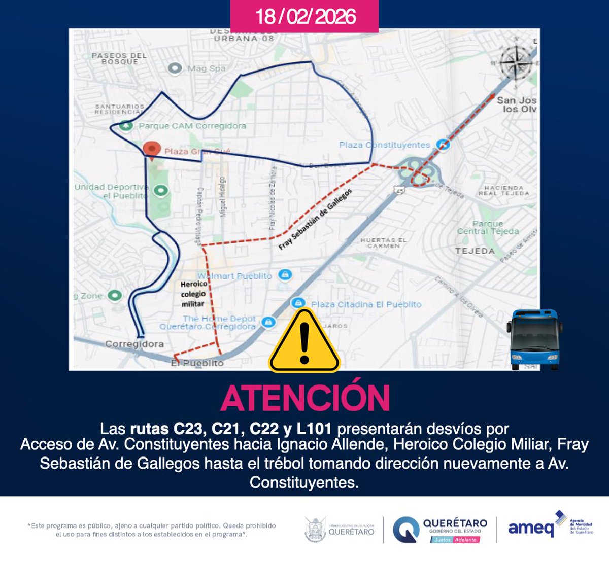 AMEQueretaro's tweet photo. Atención usuarios ⚠️

Este domingo 22 de febrero, de 6:30 a.m. a 11:00 a.m., habrá desvíos en las rutas C23, C21, C22, L101, L56, MVR02 y MVR03, debido a la 7ª edición de la carrera Selider Pasos por Querétaro.

Te recomendamos tomar precauciones y anticipar tus traslados. https://t.co/qjL1sP8yqU