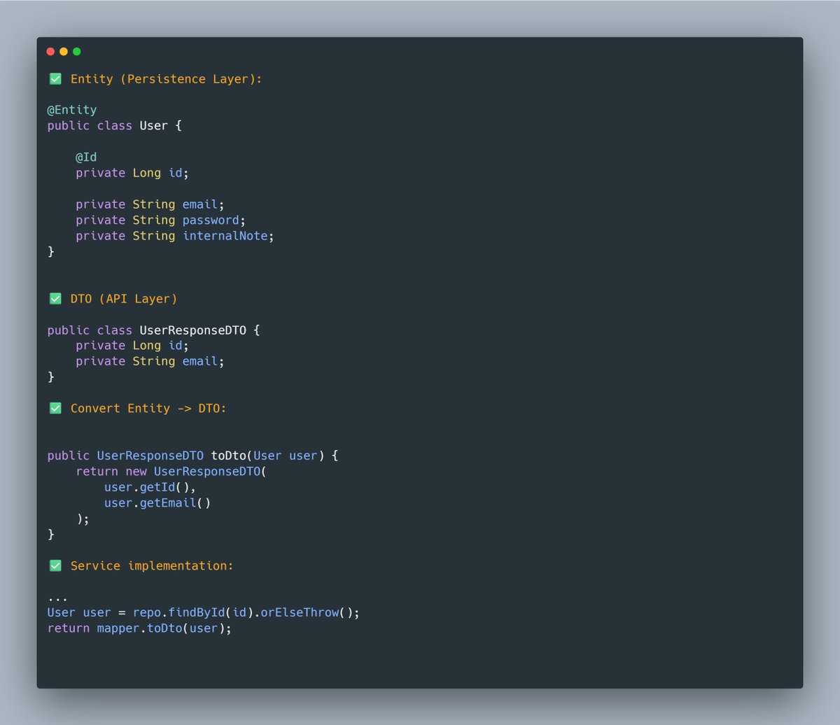 mario_casari's tweet image. 🚀 Spring Boot:  Better not expose JPA entities directly, use DTOs at boundaries instead.

✅This allows to:

🟢 Make API independent on the persistence layer
🟢 Prevent lazy loading problems
🟢 Improve security

#SpringBoot #SoftwareEngineer