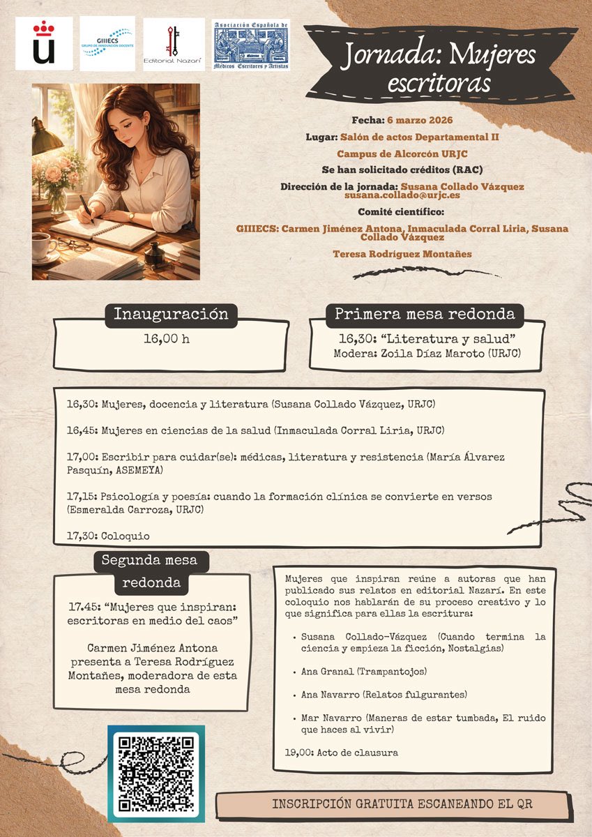 navarrotradmed's tweet photo. Jornada de Mujeres Escritoras 👩🏻✍🏽

        «Literatura y salud»

Alcorcón (Madrid🇪🇸): @urjc @EditorialNazari @AsemeyaOficial, 6 de marzo.
Inscripción gratuita ⬇️ https://t.co/7EiWsTAVlr