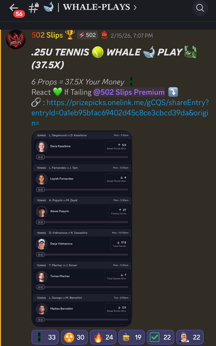502_Slips's tweet image. LFG 20X TENNIS 🎾 CASH 🔥🤯 FULL SWEEP 🧹 

ANOTHER GIVEAWAY [$300] To 1 LUCKY PERSON! 🎁✅

𝗦𝘁𝗲𝗽𝘀: 

1) FOLLOW @502_Slips 💚
2) LIKE/RT THIS POST ♻️
3) MUST SIGN UP/BE IN PREMIUM! 🪧

FULL 20X TENNIS 🎾 SWEEP 🧹 
Daria Kasatkina "O" 5.5 BPS ✅
Alexei Popyrin "O" 27 FS ✅