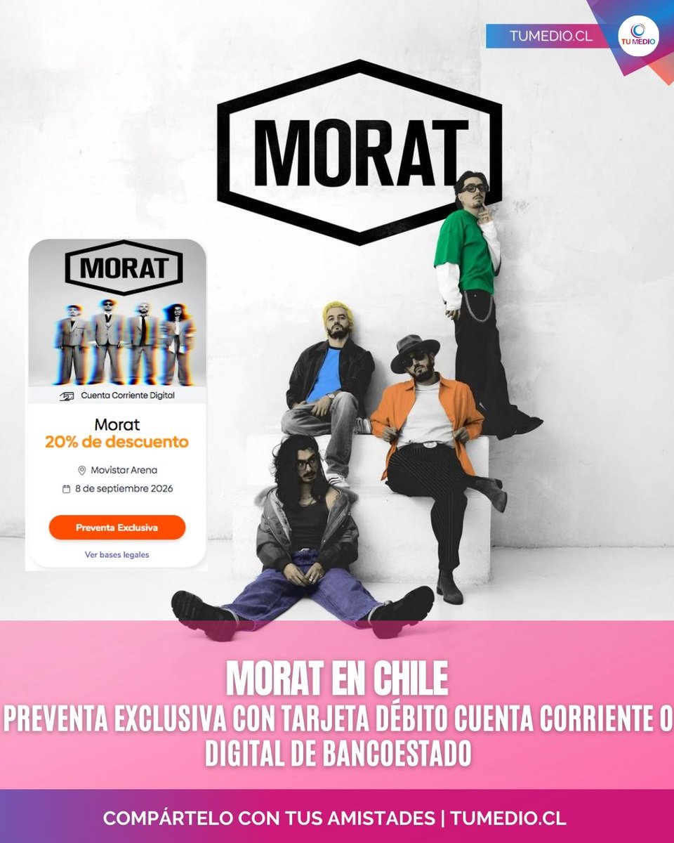 TuMedio's tweet photo. #MoratEnChile 🎟️ Según confirman diversos grupos de fans de Morat, la preventa en Chile será exclusivamente con tarjeta débito Cuenta Corriente o Digital de @BancoEstado, con un máximo de 2 entradas.

Fuente: Ig @moratchile &amp; @MoratFruna 🫶
#Morat @MoratBanda @LaTeaMorat https://t.co/XNVVjvRlQ7