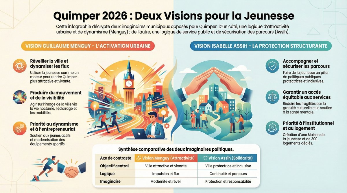 Jeunesse, municipales 2026 à Quimper :
deux visions émergent.
Attractivité et activation urbaine d’un côté.
Structuration et protection des parcours de l’autre.
Synthèse comparative en infographie.
#Quimper2026 #Quimper #Municipales #Jeunesse #Cornouaille #Ville