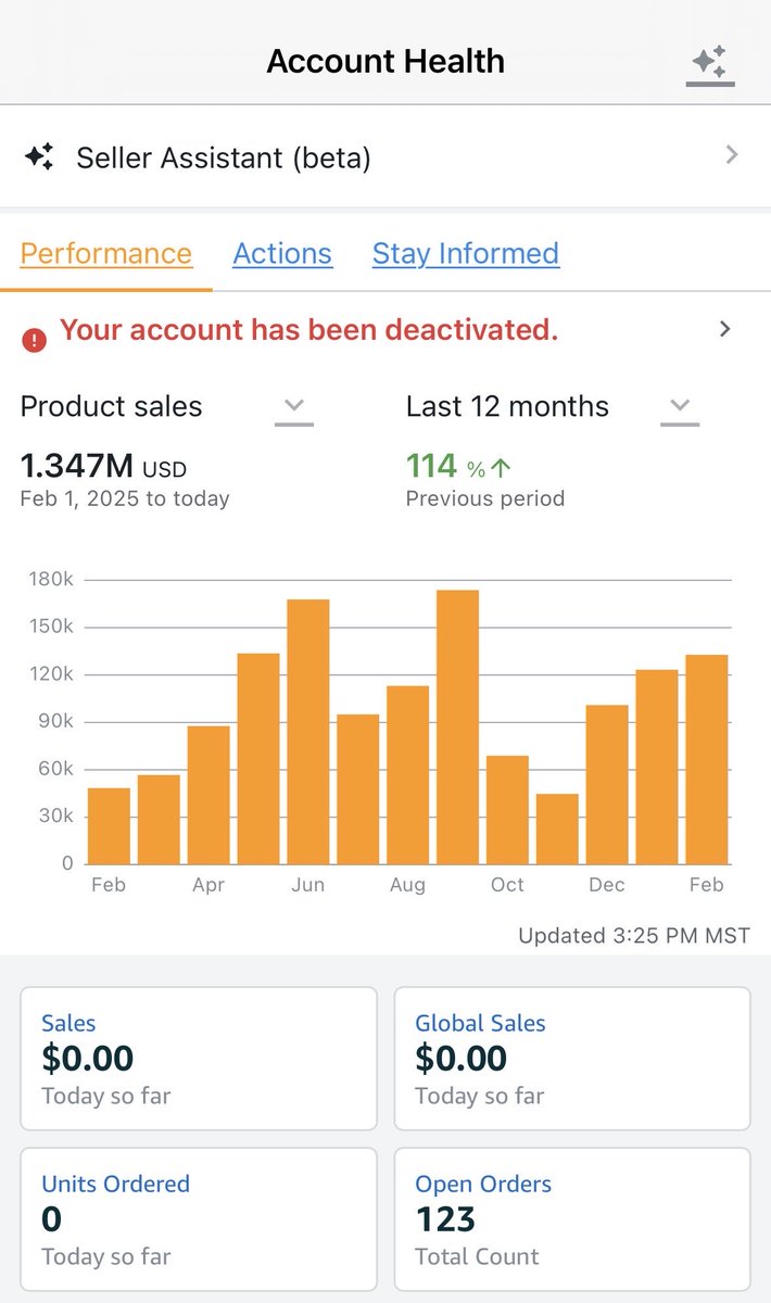 The day I never thought would come.

After 2M in sales my account is deactivated. I won’t blame anyone else, this one was on me. More on this later.

For now, if anyone has gotten their account deactivated then reinstated, I would love to connect.

Drop any suggestions below⬇️