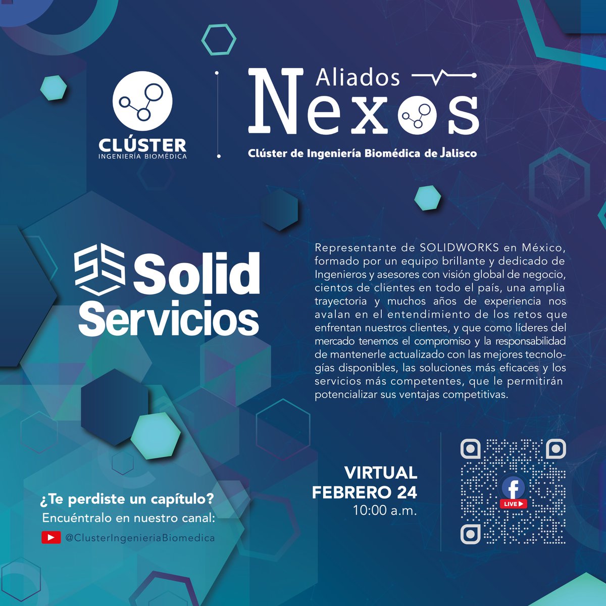 clusterinbio's tweet photo. ✨Nexos Aliados...
 Martes 24 de febrero, no te pierdas nuestro webinar de Nexos Aliados SolidServicios, a cargo del Ing. Jorge Abraham Salazar.
👉 https://t.co/PcccdWfeF3
Disfruta nuevamente los capítulos completos en nuestro canal de YouTube: @ClusterIngenieriaBiomedica https://t.co/SVDwNE9RLo
