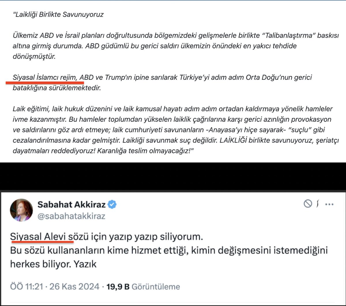 2⃣-) Kadın, Siyasal Alevi sözüne katlanamadığını bu sözü kullananlarının kime hizmet ettiğini bildiğini yazmış. Dün de Sünnileri "Siyasal İslamcı rejim" olarak niteleyen bildiriye imza atmış. Yani kendisinin kullanmaktan çekinmediği bir kavramın kendisi hakkında kullanılmamasını
