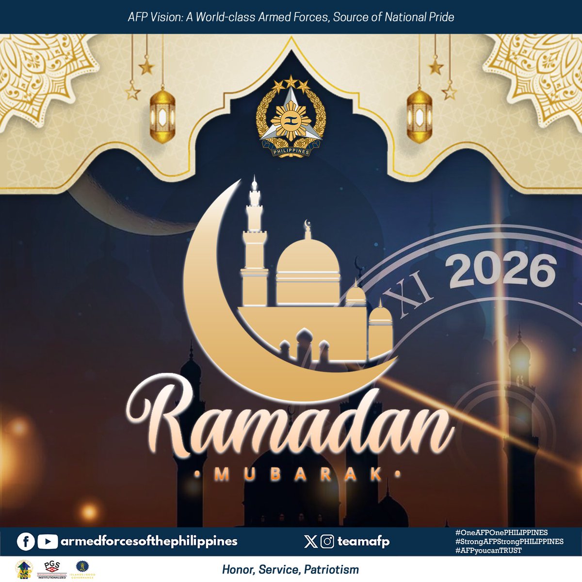 RAMADAN | As the holy month of Ramadan begins, the AFP joins the Filipino Muslim community in welcoming a season of mercy and spiritual clarity. We honor the quiet strength found in your prayers and the generosity found in your hearts. May the light of this blessed month guide us