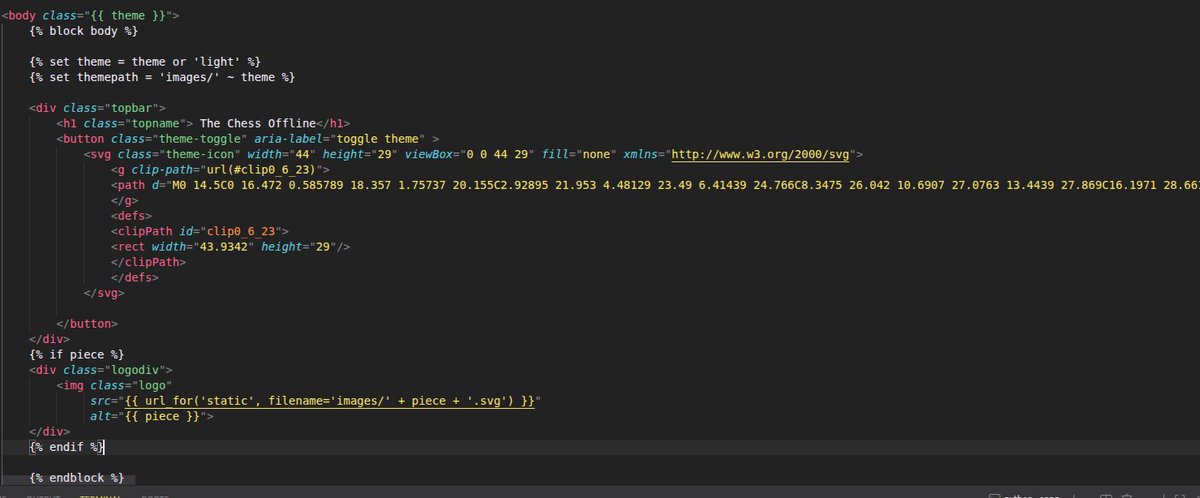 devmaro005's tweet photo. Day 38 of #10DaysOfCodeAndDesigns with the Sarcastic Geeks Trybe
@SarcasticGeek4u 
Today, I am working on the base html and css for the chessoffline. As I will use jinja templating, and a lot of things are similar across pages, I just need to inherit from the base to new pages https://t.co/rvMdfxslsK