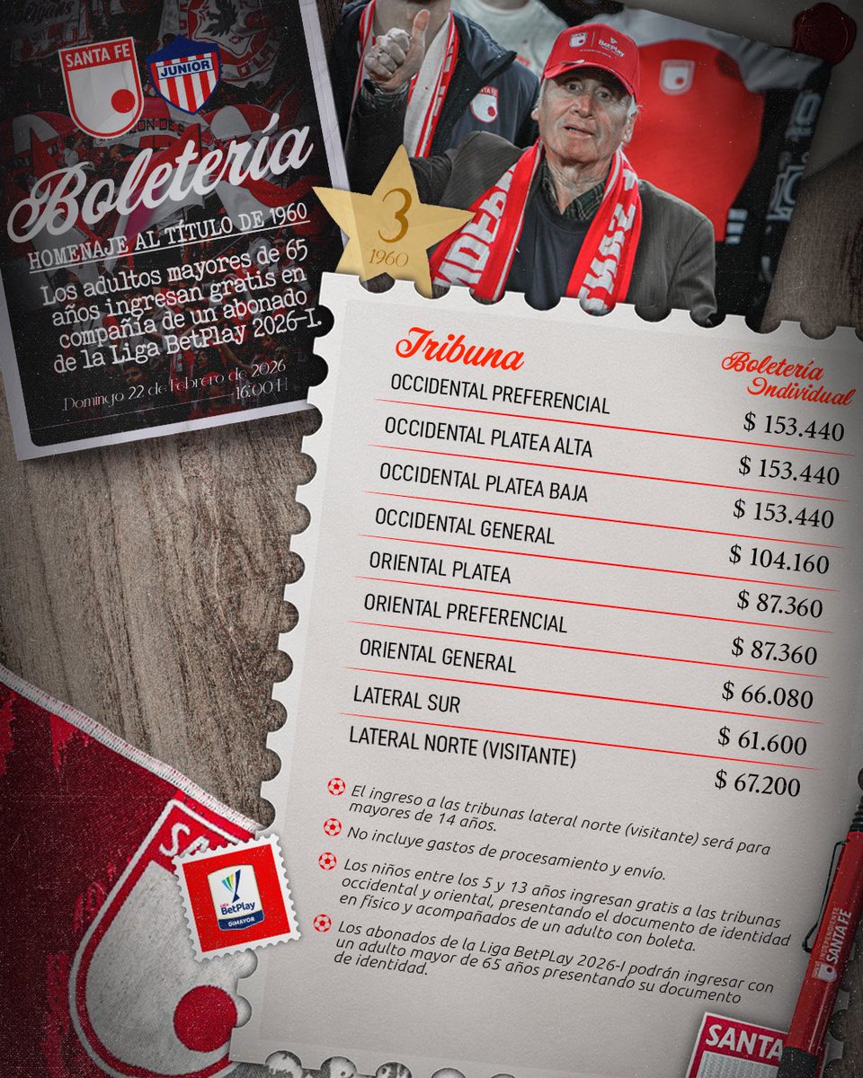 ¡El domingo en El Campín 🏟️ honramos nuestro legado ⭐️ acompañados de quién nos heredó esta pasión Cardenal 🇮🇩!

✔️Los adultos mayores de 65 años ingresan gratis en compañía de un abonado de la Liga BetPlay 2026-I

✔️Niños entre 5 y 13 años ingresan gratis a Oriental y Occidental
