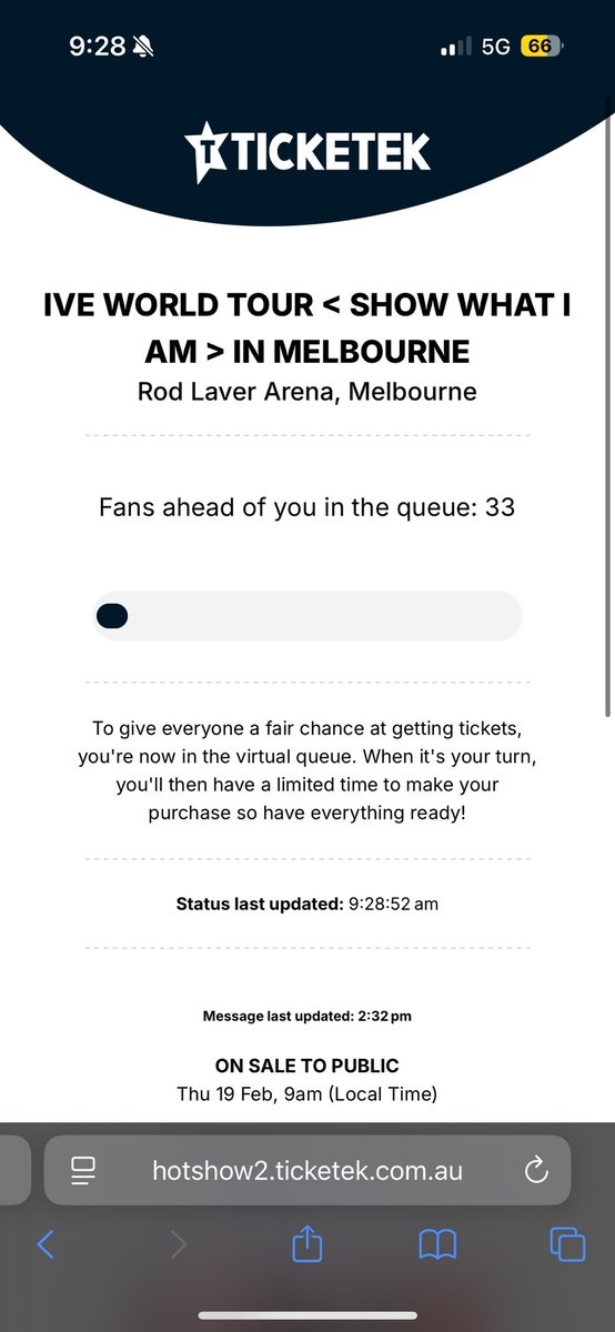 Crown_1O1's tweet image. @Ticketmaster @IVEstarship 

33 in the queue, not moving since 9am. No doubt it’s already sold out. Why is the line not moving? The status time keep updated so will you honour my position in queue? 
#IVE #IVE_BANGBANG #ticketek