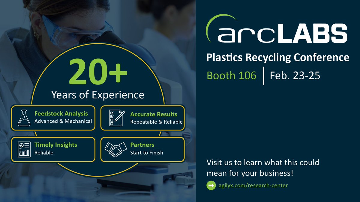 agilyx's tweet photo. Planning projects for advanced or mechanical recycling?

arcLABS brings 20+ years of analyzing feedstock for both processes—providing clear  and accurate results! 

Find us at Booth 106 at the Plastics Recycling Conference (San Diego), Feb 23–25.

#arcLABS #PRC2026 https://t.co/iXgJ1hRfFj