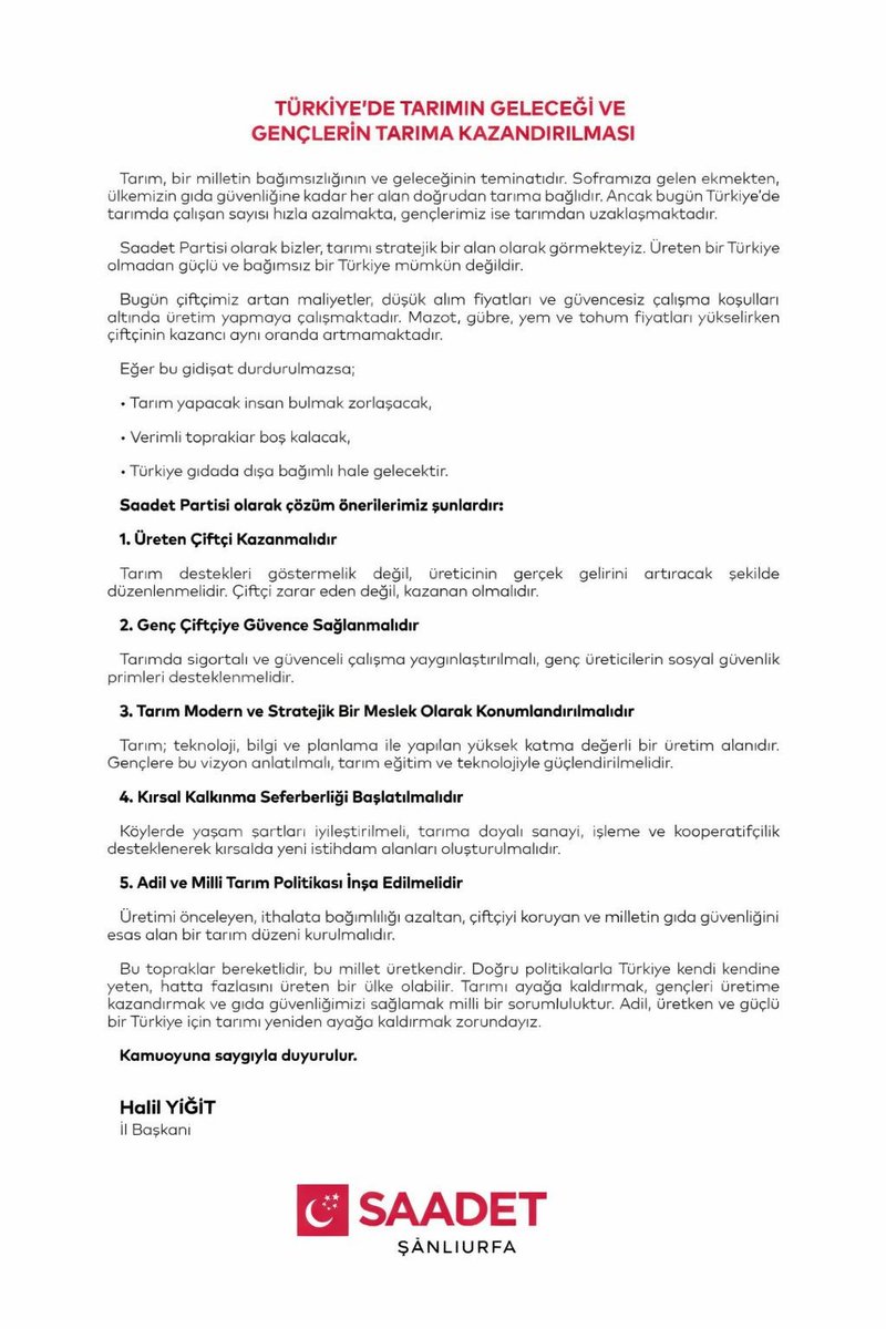 Tarımı ayağa kaldırmak, gençleri üretime
kazandırmak ve gıda güvenliğimizi sağlamak milli bir sorumluluktur. Adil, üretken ve güçlü bir Türkiye için tarımı yeniden ayağa kaldırmak zorundayız.

Halil Yiğit
İl Başkanı