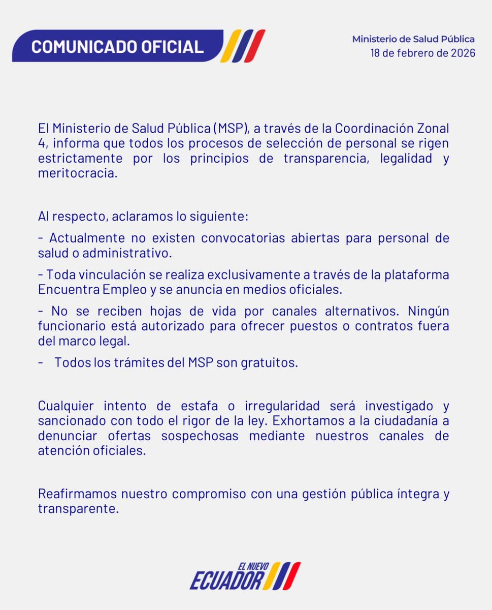 DPManabiSalud's tweet photo. #Comunicado | @Salud_CZ4 informa a la ciudadanía que al momento no se encuentra vigente ningún proceso de contratación de profesionales de la salud ni personal administrativo. Además nuestros servicios son gratuitos y no se efectúan por intermediarios ⬇️ https://t.co/os380iEhLb