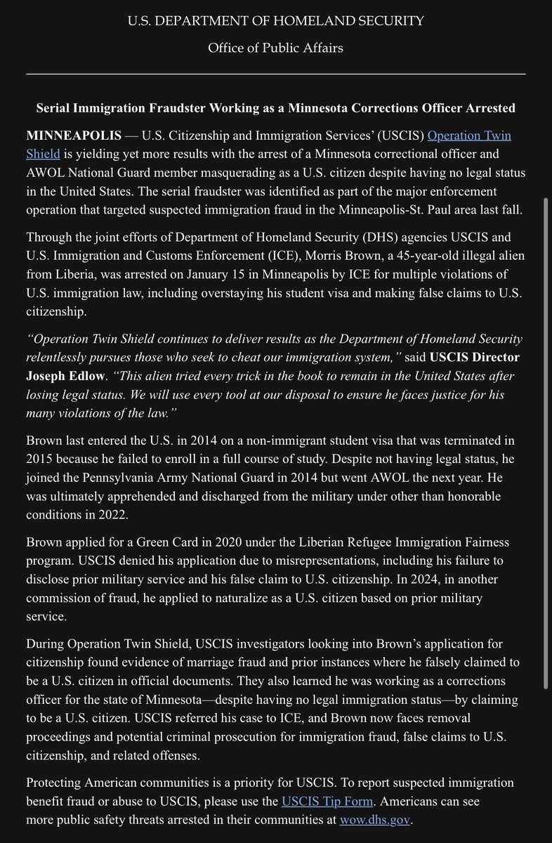 BillMelugin_'s tweet image. BREAKING: 

This is wild one. 

DHS announces the ICE arrest of a Liberian illegal alien who they say was working as a Minnesota corrections officer while also being AWOL from the PA National Guard, all while masquerading as a U.S. citizen despite having no legal status in the