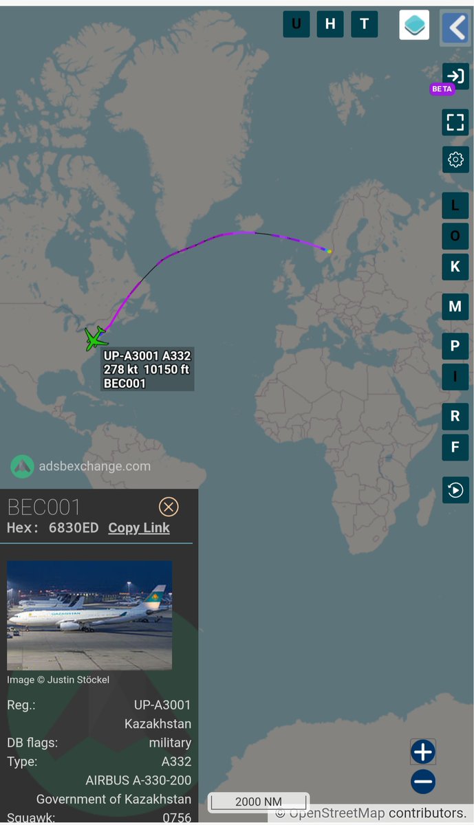 Borrowed7Time's tweet photo. Govt. of Kazakhstan A330-200 UP-A3001 #6830ED as BEC001 en route to Washington DC from Oslo. President Kassym-Jomart Tokayev likely aboard, will be meeting with POTUS re: Board of Peace.
@sipjack1776 @LadyAstroJet https://t.co/HO4tUEXKbm