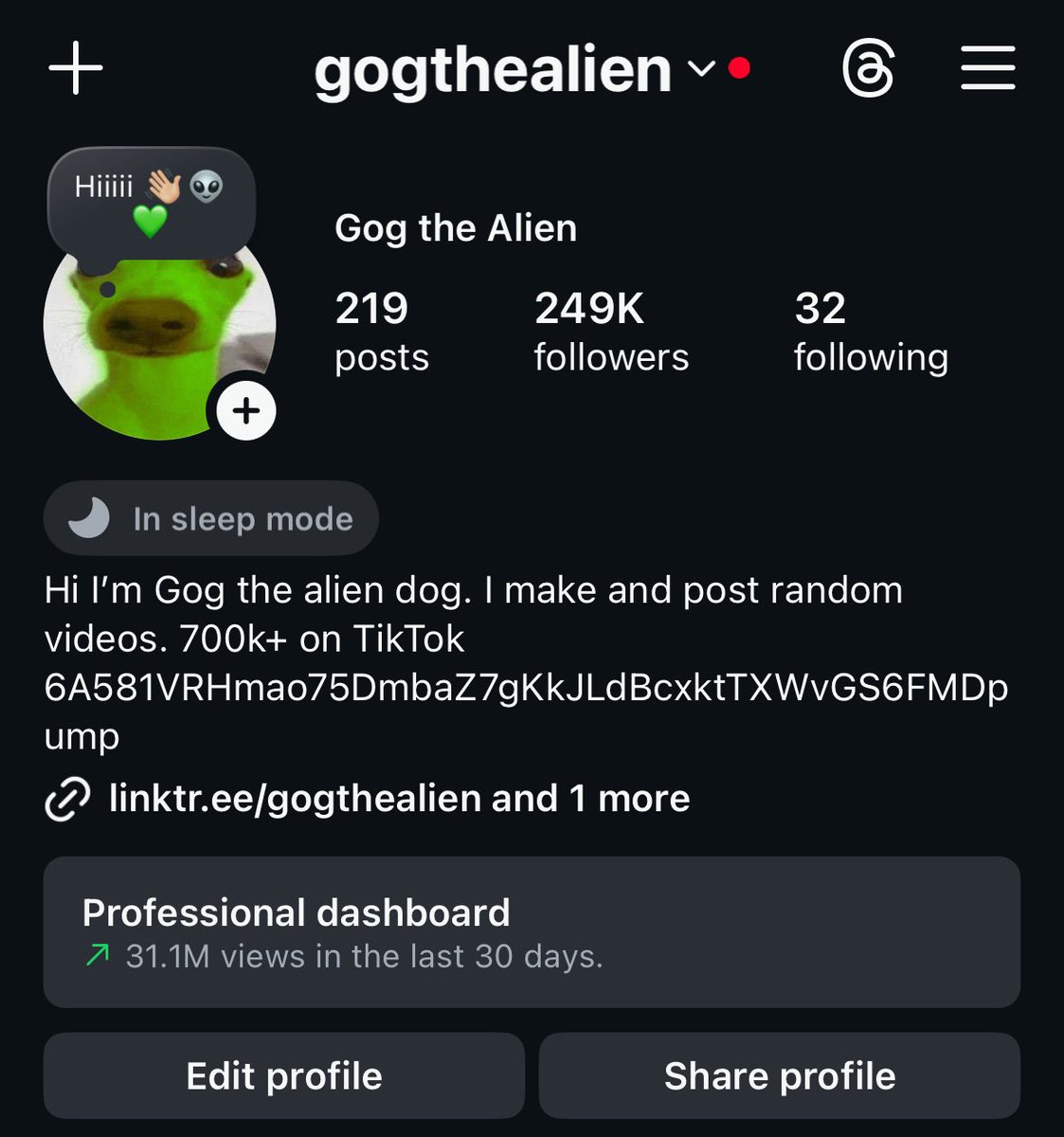 While CT is silent $Gog is building 

Currently heading towards 250k+ instagram &amp; 750k TikTok followers

That will be 1m collective followers in the near future 

$Gog now also has 2 Roblox UGC bundles for sale

The coin that never ran - but mark my words it will have its day 👽