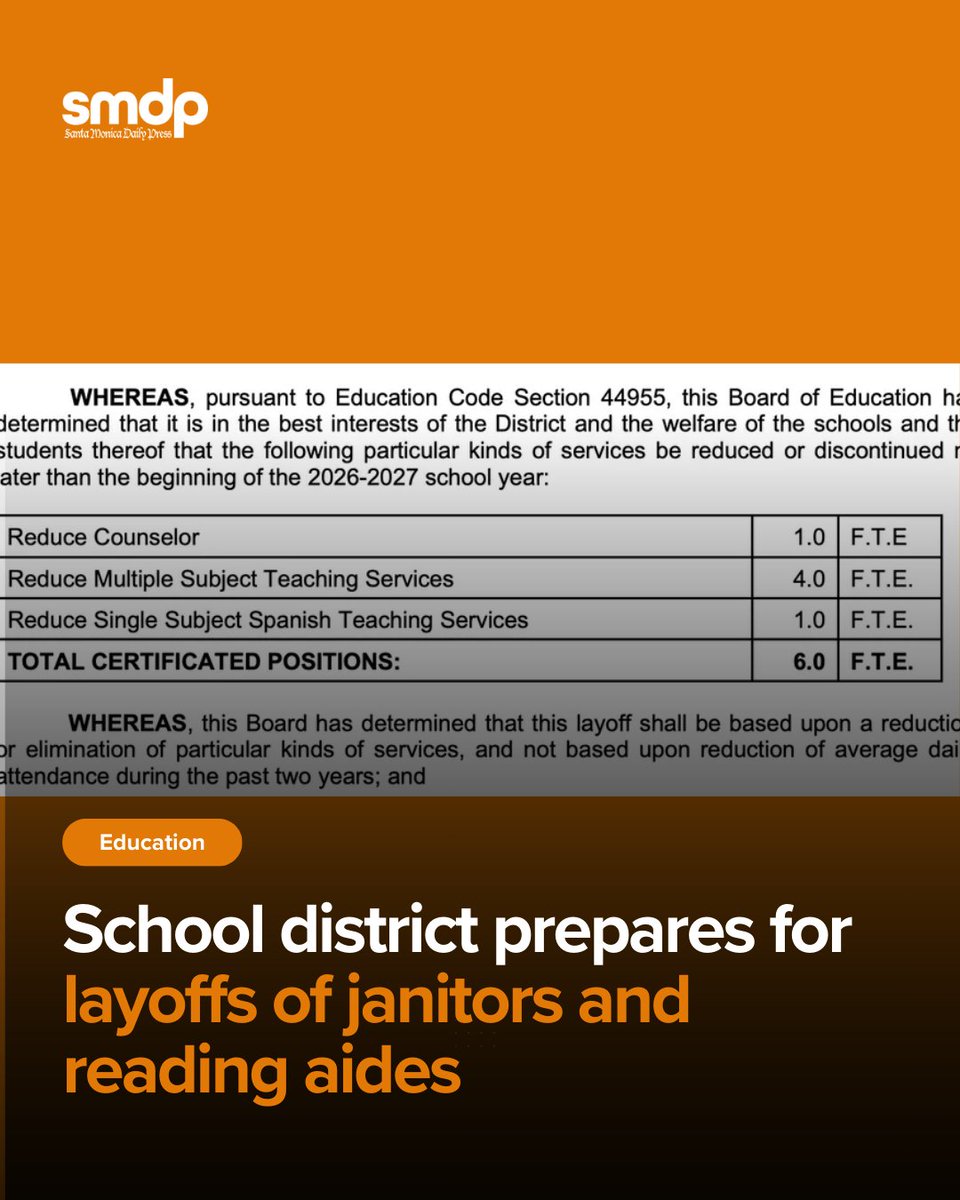 smdailypress's tweet image. The Santa Monica-Malibu Unified School District is moving to lay off more than two dozen employees at the end of the current school year.

Read the details, smdp.com/school-distric…

#SantaMonicaPier #MalibuSchool #MalibuUnitedSchool #Layoff