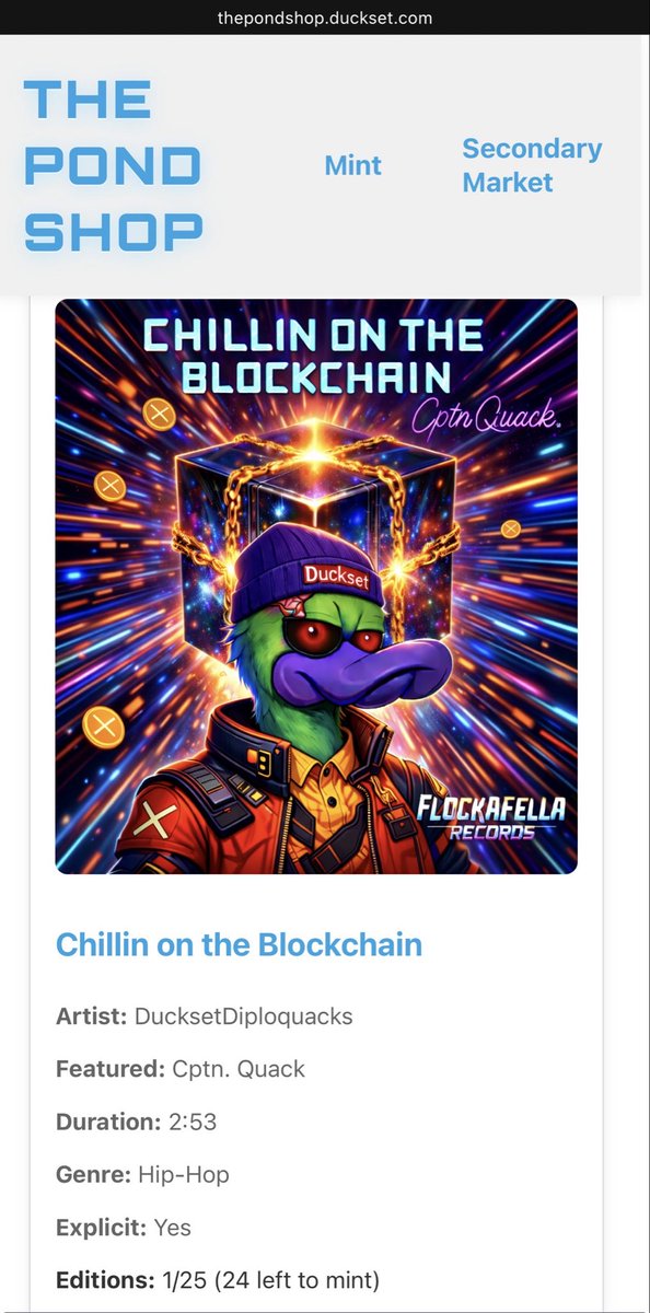 Cptn_Quack's tweet photo. LIVE with the Web3 Anthem you gotta add to your collection!
Want passive income? Here’s your ticket 🎟️
Each copy is a stake in ownership of the track.
100% of streaming revenue will be split amongst holders
Going viral will get you PAID!
🦆 Let’s grow together
Link 👇#XRPL https://t.co/9L6m7Q2oKJ