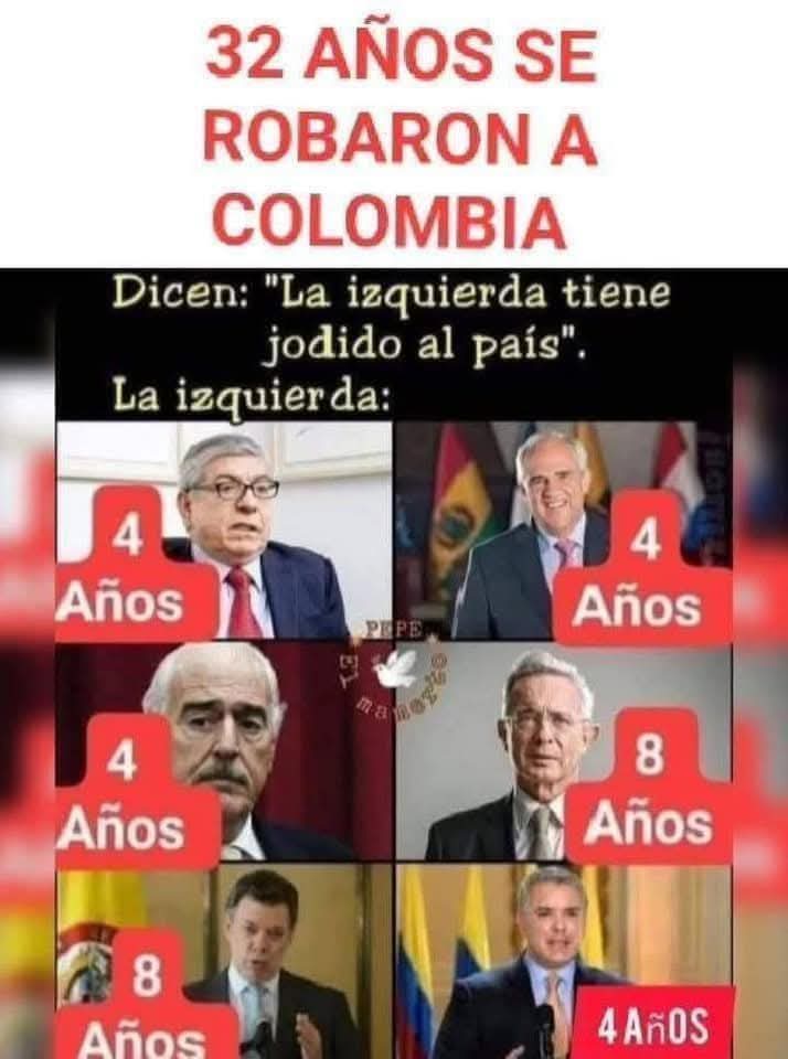 Y de ahí para atrás igual 
Barco, Belisario, López, Turbay, Pastrana y el máximo robó: el frente nacional... hummmmm