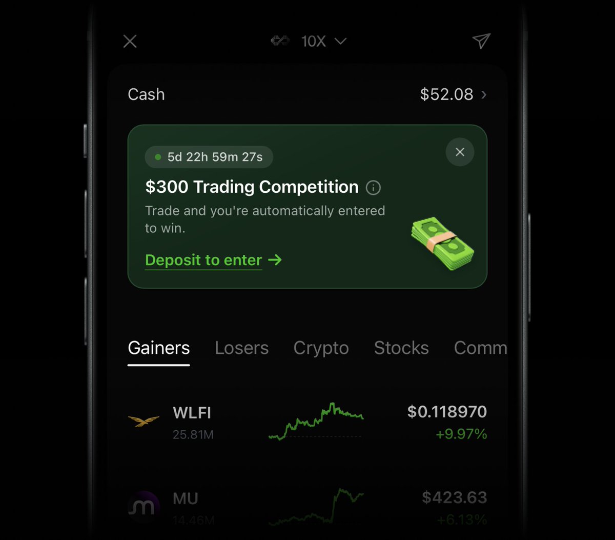 We just shipped our first perps trading Competition! 

One week long, 3 winners, $300 bucks up for grabs. 

Automatically enter by making any trade in 10X, happy trading! Powered by <a href="/HyperliquidX/">Hyperliquid</a> <a href="/worldcoin/">World</a>