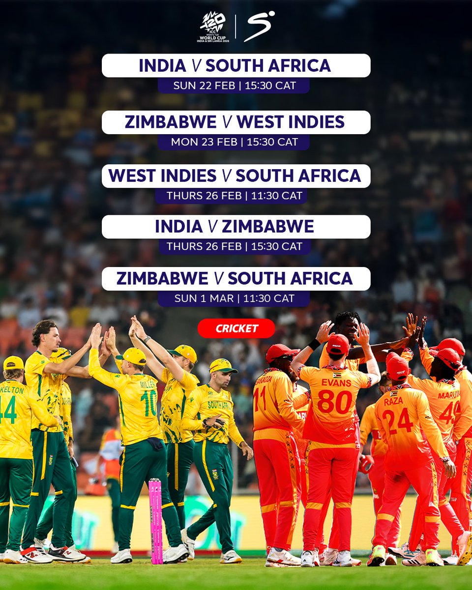 SuperSportTV's tweet photo. South Africa and Zimbabwe are out to dominate Group One of the Super Eights 🇿🇦🇿🇼

Here are their fixtures as they prepare for battle against India and the West Indies 🏏

#SSCricket | #T20WorldCup https://t.co/UYS60gJZBk
