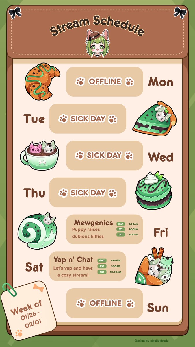 Turns out it wasn't my chronic health acting up... but I got the flu. Doctors have ordered lots of rest, so I've redone my schedule for this week! See you soon, dawgs!