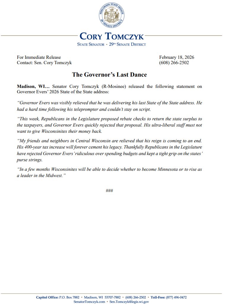 Senator Cory Tomczyk tweet media