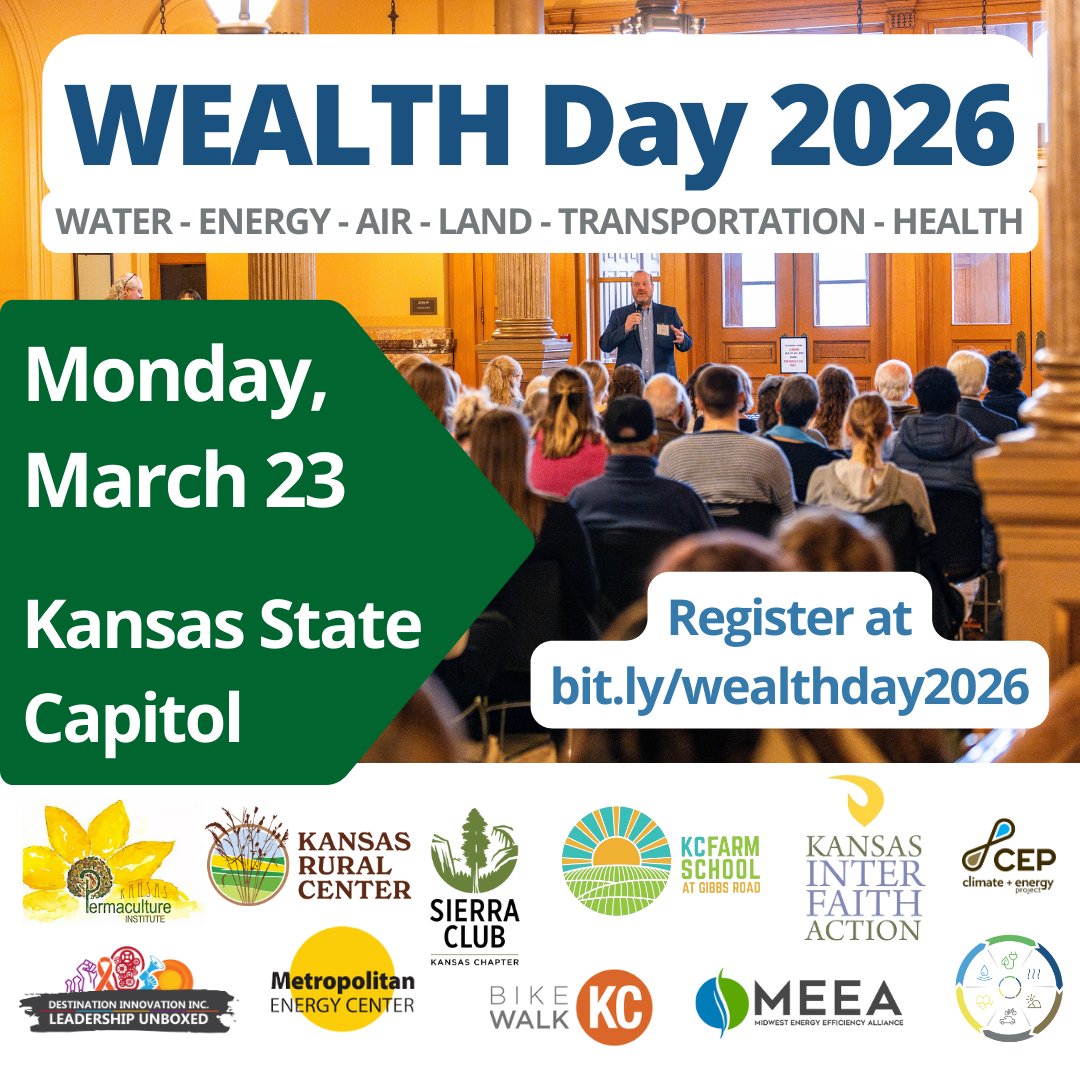 🥳 Kansas WEALTH Day of Advocacy and Education brings together organizations, advocates, and legislators to connect on Water, Energy, Air, Land, Transportation, and Health ➡️ Kansas WEALTH 🙌🌎🌱‼️

⚠️Registration is required to attend 2026 WEALTH Day⚠️ 

bit.ly/wealthday2026