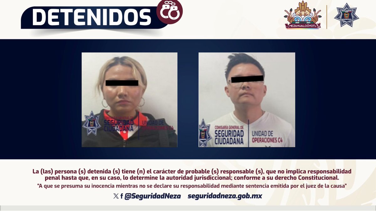 seguridadneza's tweet image. 🔊 #Detenciones | Robo con violencia en Ciudad Lago y Metropolitana II 👮🏻

Elementos motorizados aseguraron a Navidad “N.”, por despojar a un ciudadano de un iPhone 16, y a Rosalía “N.”, y Christopher Kevin “N.”, por sustraer un Honor X6B.

#NOTA: goo.su/5bEw4lo