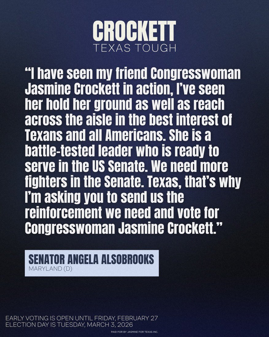 Deeply grateful for Senator Angela Alsobrooks’ endorsement. She understands what it takes to govern, to win, and to deliver for working families. Proud to be in this fight together. 

#TexasTough #JasmineForUs #TXSen