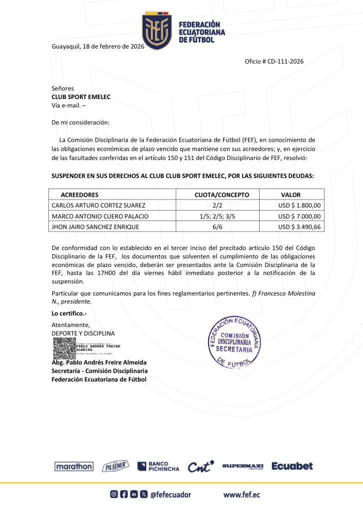 ¡BUENAS NOTICIAS EN EL BOMBILLO! 🔵💪🏻

Emelec solventó sus obligaciones económicas pendientes, por lo que la FEF levantó la suspensión que pesaba sobre el club eléctrico 🤝

ℹ️ <a href="/AlvaroRiera24/">Álvaro Riera Carbo</a> | #CaravanaPorElMundo