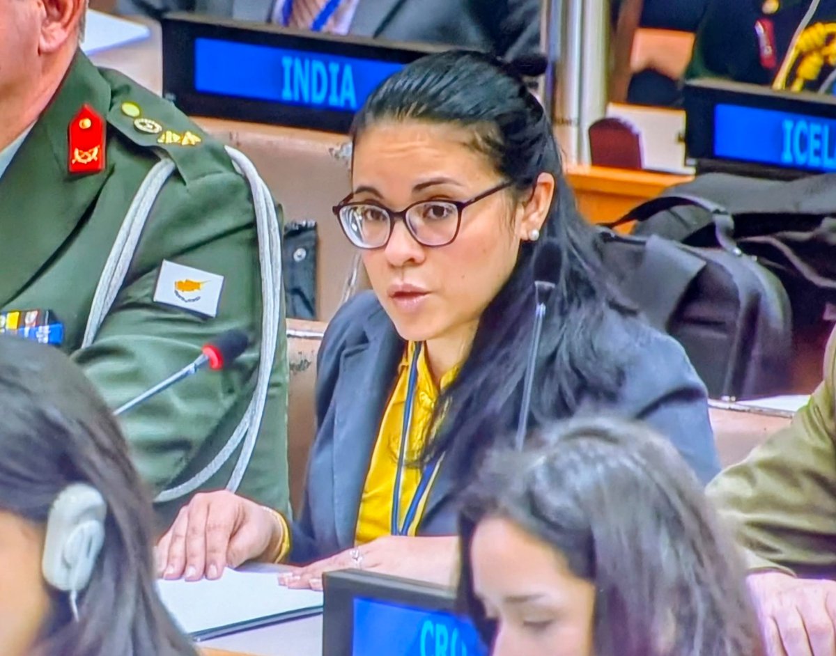 #Cuba reaffirmed at #C34 the principles of Peace Operations: consent, impartiality, and non-use of force except in self-defense.

<a href="/DaylenisMorenoG/">Daylenis Moreno Guerra</a> 🇨🇺 denounced the doctrine of  "peace through force", which poses a sirious threat to international peace and security.