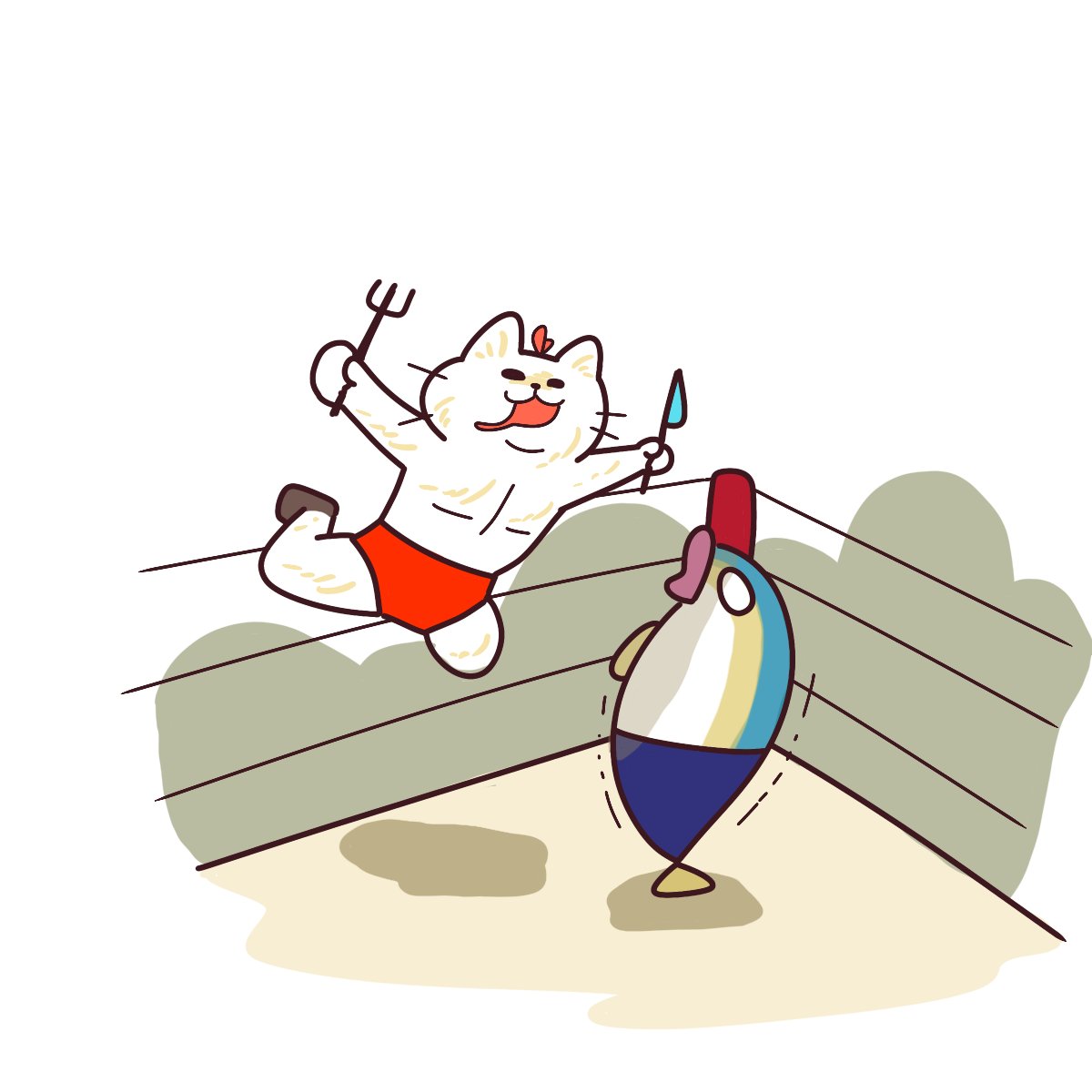 「プロレスの日! おーっと!まうまう選手! 旬のブリにボディプレスー! 今夜はブリ」|まうまうのイラスト