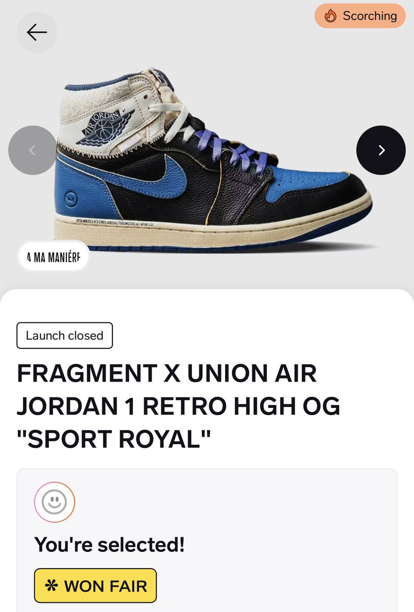 mmmeeze's tweet photo. finally… a W 🥹🙏🏽
#fragment #jordan #amamaniere #raffle #sportroyal #royal https://t.co/Hrukxz6d7E