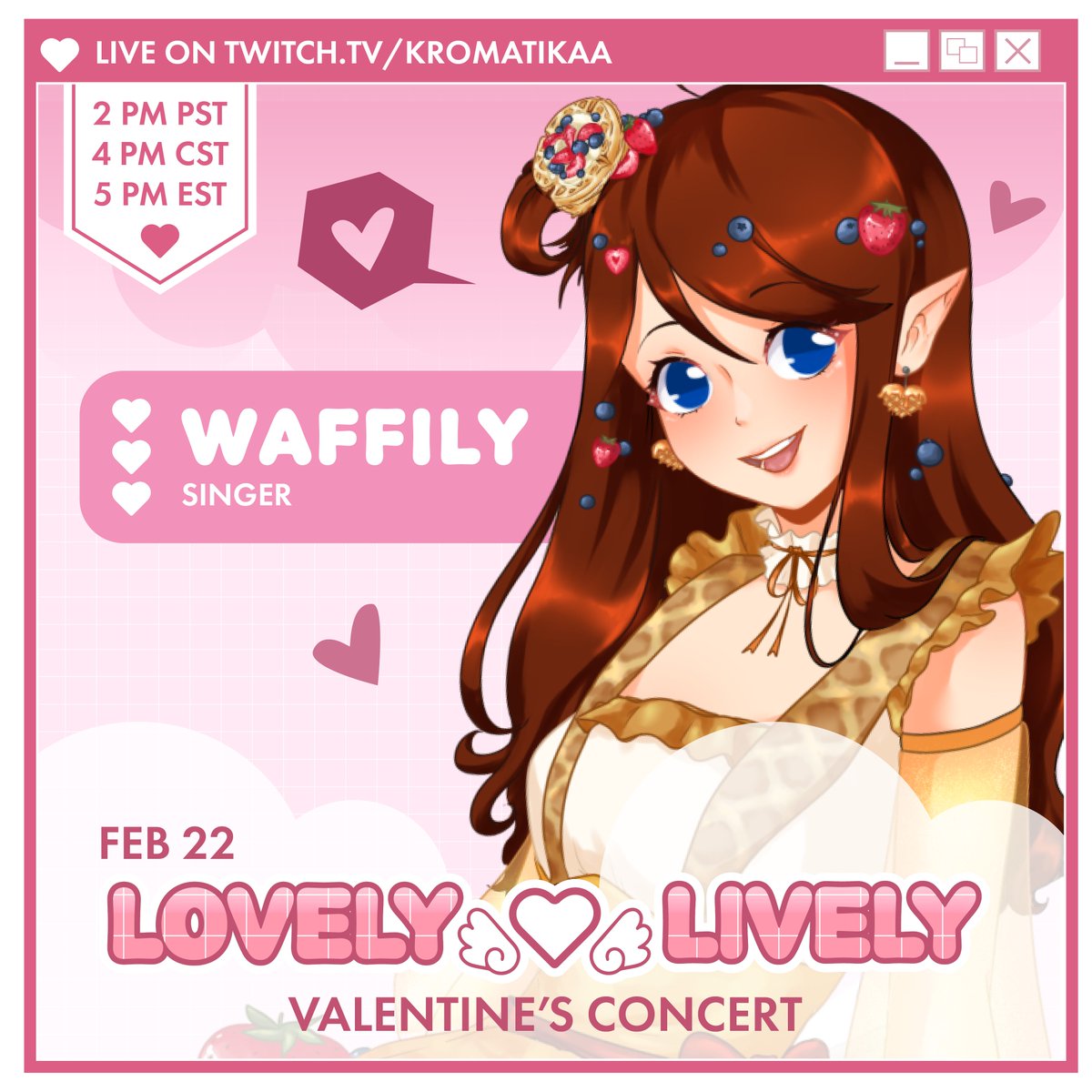 kromatikaVT's tweet photo. 💗 LOVELY 𓆩♡𓆪 LIVELY SINGERS 💗

Announcing our next singer, is the cutest waffle ever, Waffily (@Waffilyily)! Life is better with waffles, so you must come watch them!

⏰ Stream Date/Time 
→ Sun, Feb 22 ✦ 2 PM PST | 4 PM CST | 5 PM EST https://t.co/m4C9PnxhdW