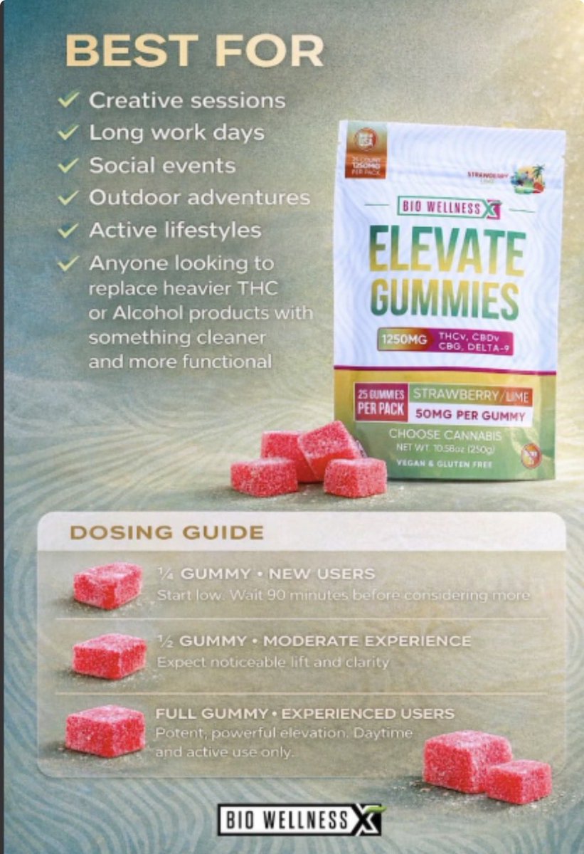 🍬 NEW GUMMY JUST DROPPED 🍬

Precision Clarity. Controlled Lift. Functional Power.

Not all gummies are made to relax you.

Some are made to level you up.

Visit biowellnessx.com/product/thcv-g… to learn more and use code ELEVATE to save 30%.