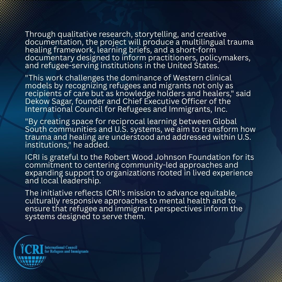IntrntlCouncil's tweet photo. Announcing ICRI’s Global Learning Initiative - elevating culturally grounded trauma healing practices across refugee communities in the Global South. 

Supported by the Robert Wood Johnson Foundation.

#TraumaHealing #CulturallyResponsiveCare https://t.co/i4y2r8ZQcd
